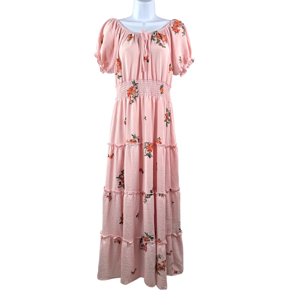 Kindred midi Dress sz L Pink Floral‎ Embroidered Smocked boho cottage core